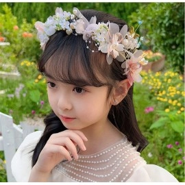 Fairy Flower Headband Kids Girls Beautiful Garland Wreath Hair Bands Wedding Birthday Floral Hair Hoop Wrist Band Headwear