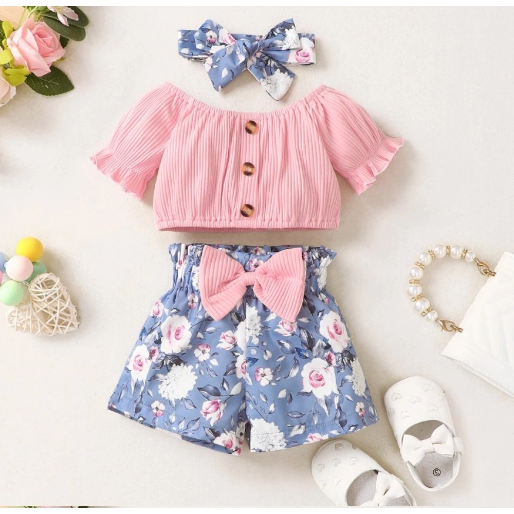 Summer Toddler Baby Girls Clothes Pink Top +Bow Print Blue Shorts 2Pcs Set Infant Fashion Clothes Outfit