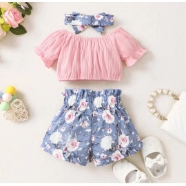 Summer Toddler Baby Girls Clothes Pink Top +Bow Print Blue Shorts 2Pcs Set Infant Fashion Clothes Outfit