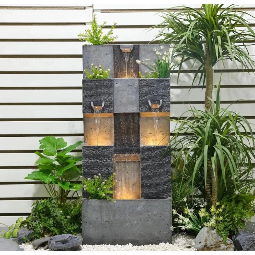 45.3 Inch Garden Fountain Outdoor Garden, Terrace, 3 Floor Modern Cascade Outdoor Waterfall Fountain with Lights