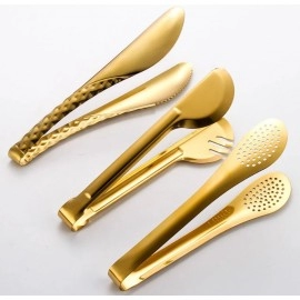 Gold Stainless Steel Food Clip Soup Spoon Colander Cooking Spoon With Storage Stand Kitchen Utensils Skimmer Frying Spatula